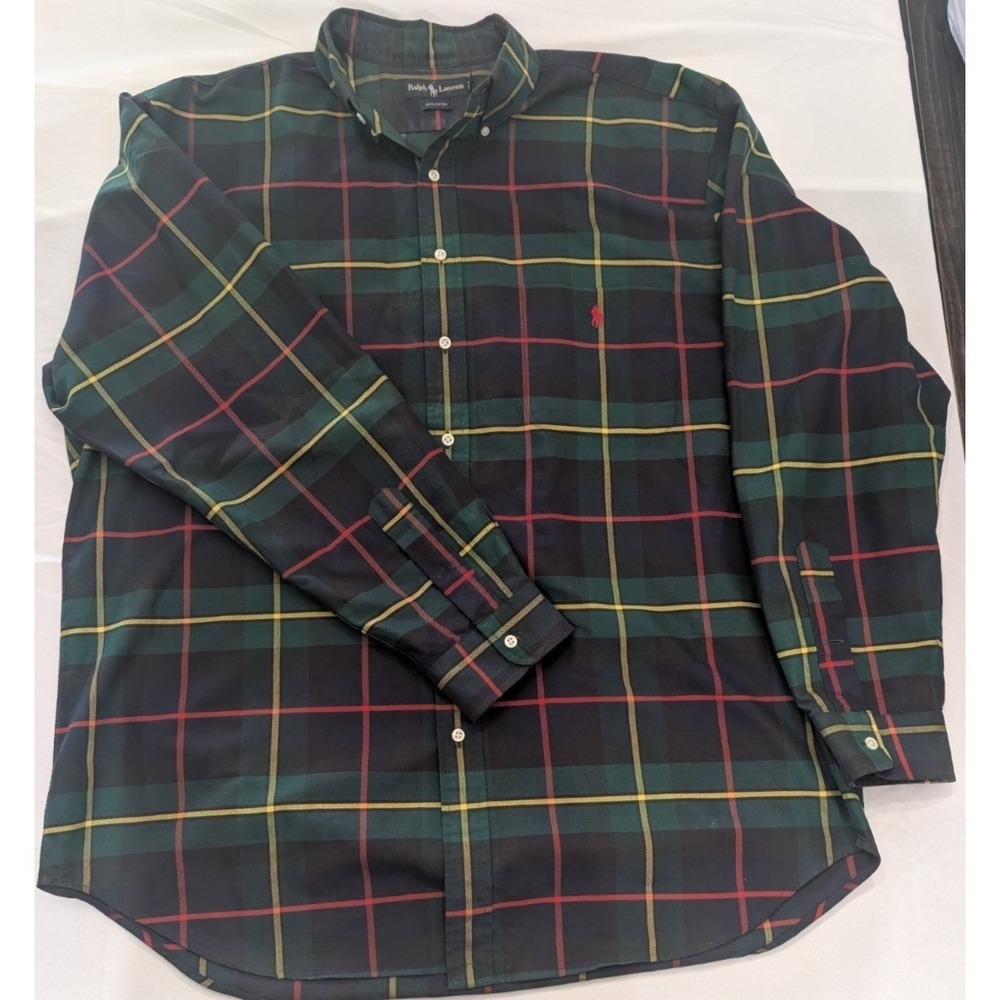 Ralph Lauren Button Down Shirt Mens XLT Green Plaid Tartan Cotton Long Sleeve